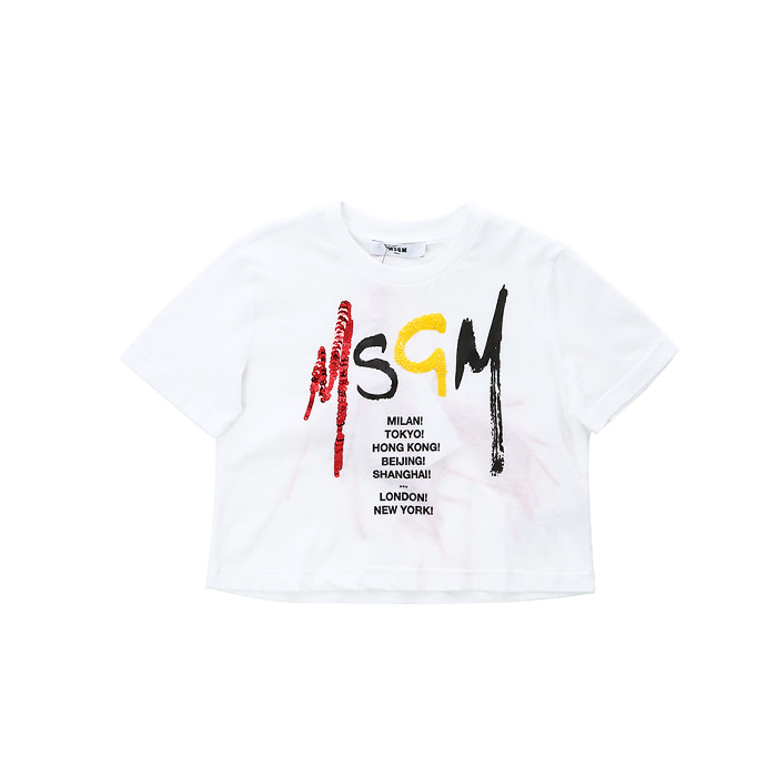 MSGM 키즈 스팽글 시티타이포 로고프린트 크롭 티셔츠 (화이트, 4세~10세)022058 001