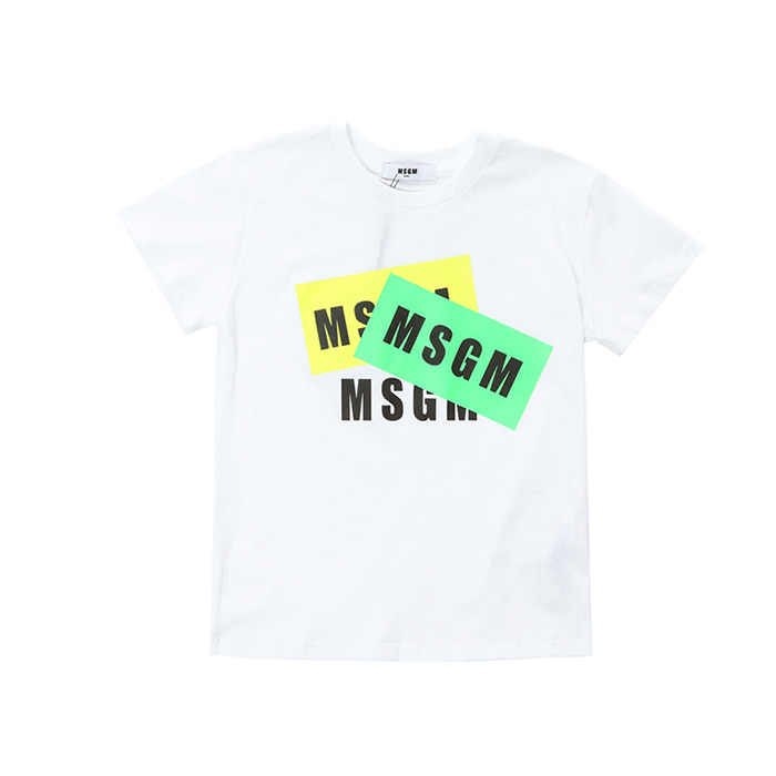 MSGM 키즈 네온 트리플로고 프린트 라운드 티셔츠 (화이트, 4세~10세)022094 001