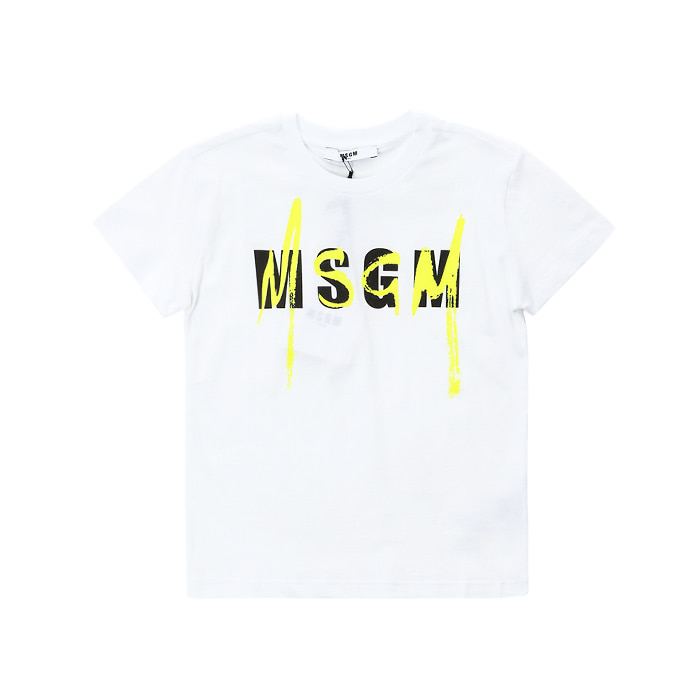 MSGM 키즈 네온 더블로고프린트 라운드 티셔츠 (화이트, 4세~10세)022088 001