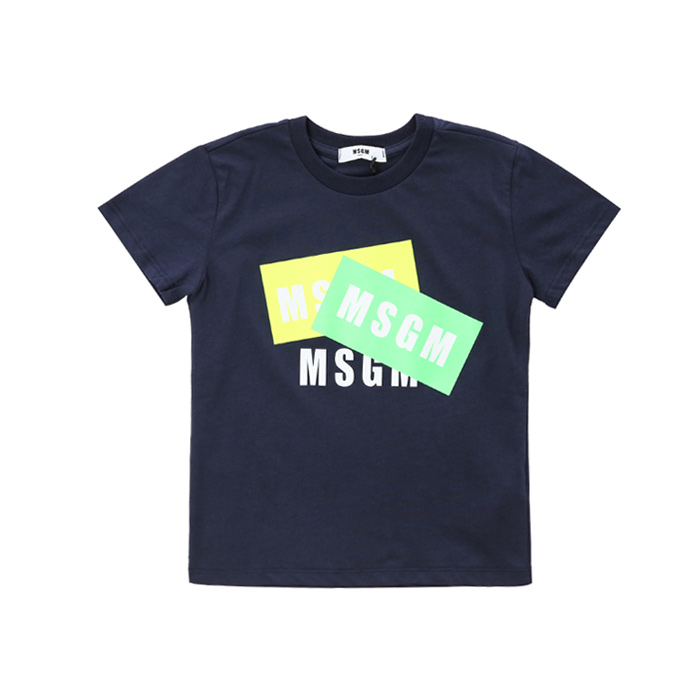 MSGM 키즈 네온 트리플로고 프린트 라운드 티셔츠 (네이비, 4세~10세)022094 060