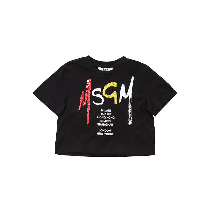 MSGM 키즈 스팽글 시티타이포 로고프린트 크롭 티셔츠 (블랙, 4세~10세)022058 110