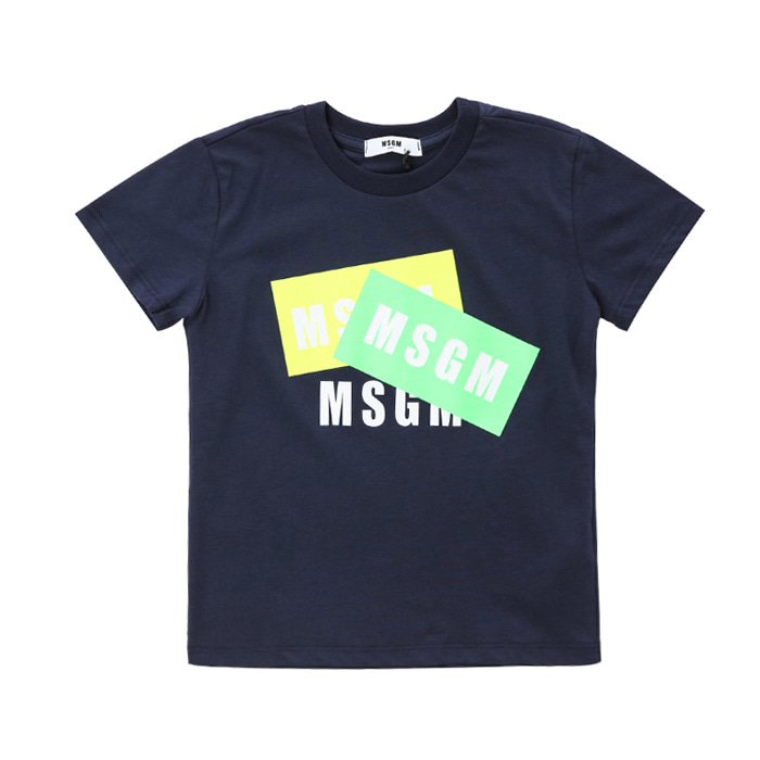 MSGM 키즈 네온 트리플로고 프린트 라운드 티셔츠 (네이비, 12세~14세)022094 060