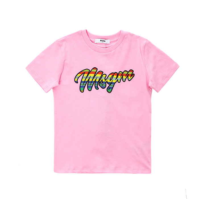 MSGM 키즈 컬러풀 로고패치 라운드 티셔츠 (핑크, 4세~10세)022136 042