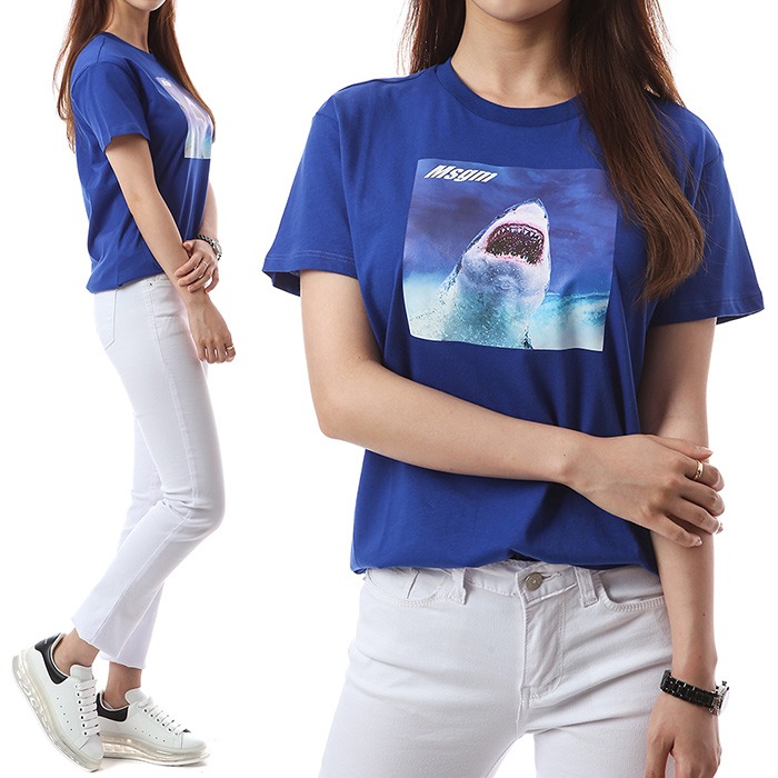 MSGM 키즈 샤크 로고 프린트 라운드 티셔츠 (블루, 12세~14세)022394 130