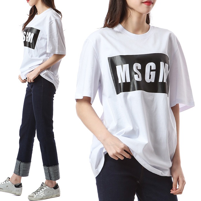MSGM 스퀘어로고 페인팅 여성 라운드 티셔츠 (화이트)2940MM67 01
