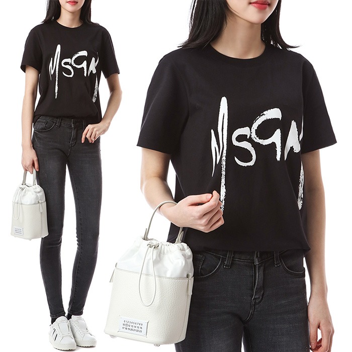 MSGM 시그니처 로고페인팅 여성 슬림 라운드 티셔츠 (블랙)2941MDM74 99