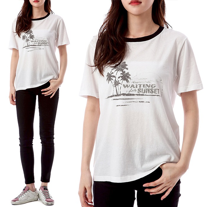 생로랑 웨이팅 썬셋 프린팅 배색 여성 라운드 티셔츠 (화이트)500640 YB2MY 9744