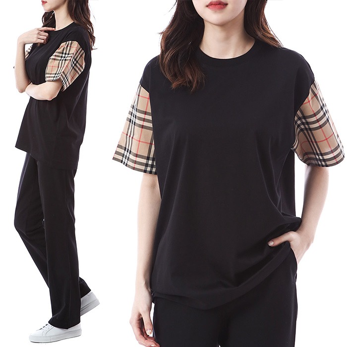 버버리 뉴클래식 체크 레이어드 여성 라운드 티셔츠 (블랙-릴렉스핏)8043057