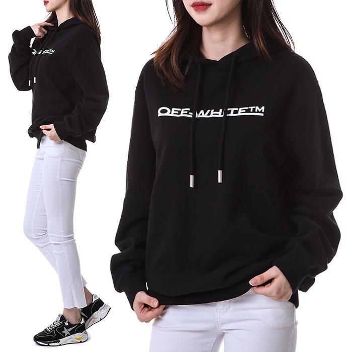 오프화이트 벨루어 언더라인 로고패치 레귤러핏 여성 후드 티셔츠 (블랙)OWBB035F 21JER003 1001