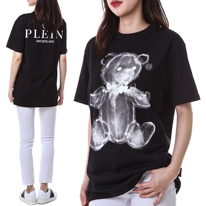 필립플레인 실버로고패치 홀로그램 테디베어 여성 라운드 티셔츠 (블랙)MTK5612 PJY002N 02