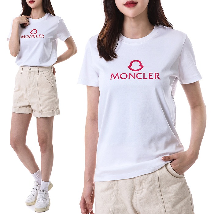 몽클레어 핑크 러버로고패치 여성 라운드 티셔츠 (화이트)8C00006 809CR 001