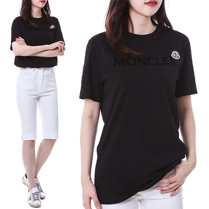 몽클레어 로고패치 벨루어 레터링 여성 라운드 티셔츠 (블랙)8C00025 8390T 999
