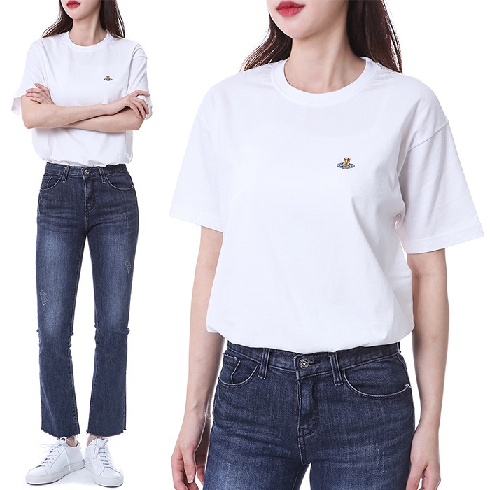 비비안웨스트우드 시그니처 로고자수 오가닉코튼 클래식 여성 라운드 티셔츠 (화이트)3G010006 J001M A401