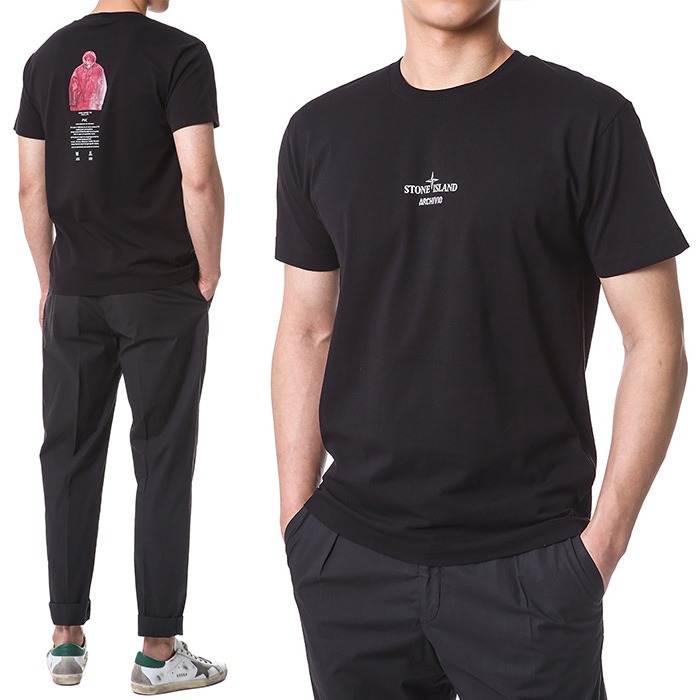 스톤아일랜드 아르키비오 자수 로고 텍스타일 PVC프린팅 라운드 티셔츠 (블랙)78152NS91 V0029