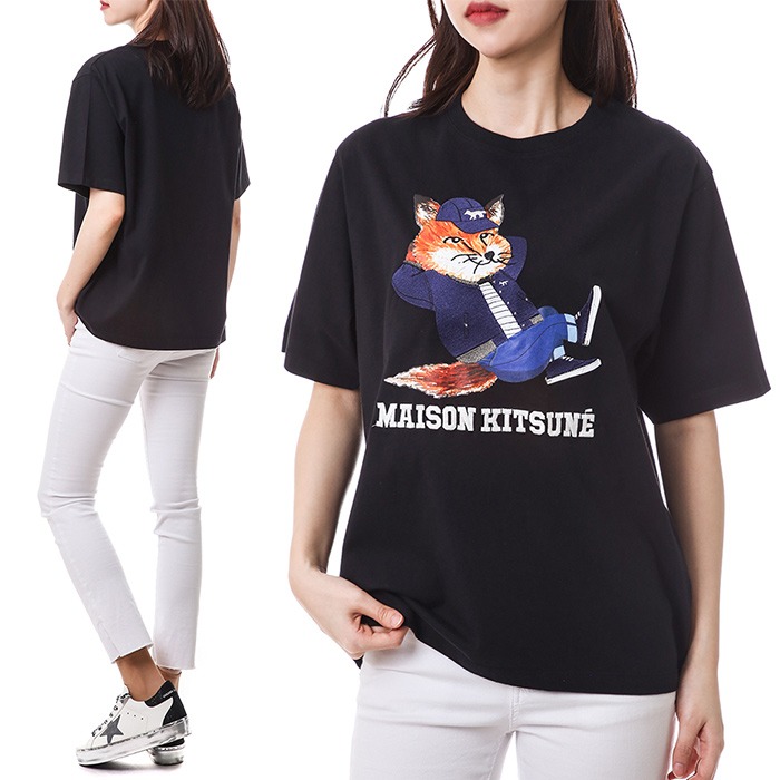 메종키츠네 드레시 폭스 프린트 자수 믹스 여성 라운드 티셔츠 (블랙)JW00143KJ0008 BK