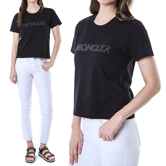 몽클레어 크리스탈 로고타이포 패치 여성 라운드 티셔츠 (블랙)8C00014 829HP 999_093