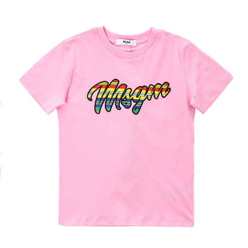 MSGM 키즈 컬러풀 로고패치 라운드 티셔츠 (핑크, 12세~14세)022136 042