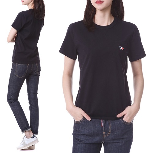 메종키츠네 트리플폭스 자수패치 포켓 여성 라운드 티셔츠 (블랙)FW00107KJ0010 BK