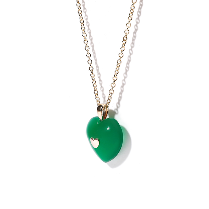 VERY VINTAGE BIG GREEN CHALCEDONY HEART PENDANT NECKLACE