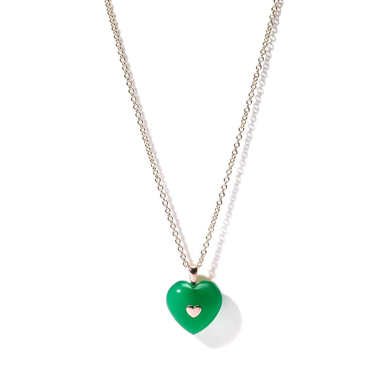 VERY VINTAGE BIG GREEN CHALCEDONY HEART PENDANT NECKLACE