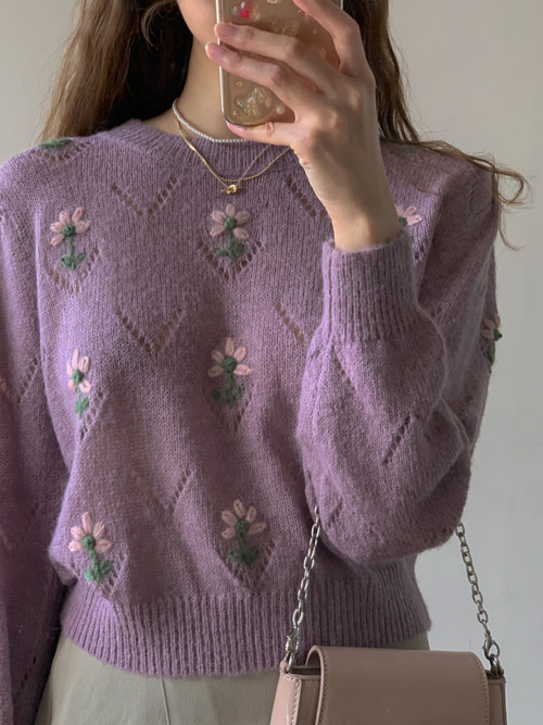 ANTIQUE FLOWER EMBROIDERY PUFF KNIT(GREEN, LAVENDER, NAVY 3COLORS!)