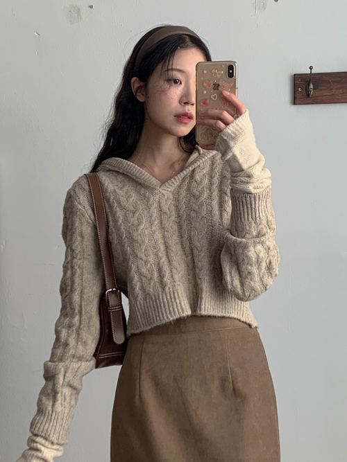 POCKY CABLE KNIT CROP HOODY(MELANGE, OATMEAL, BROWN, NAVY 4COLORS!)