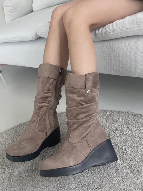 SUEDE SHIRRING MIDDLE BOOTS(BROWN, BLACK 2COLORS!)