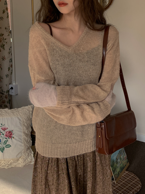 MAMRE V NECK SEE THROUGH LOOSE KNIT(CREAM, BEIGE, PINK, SKYBLUE, OLIVE, PURPLE, CHACOAL 7COLORS!)