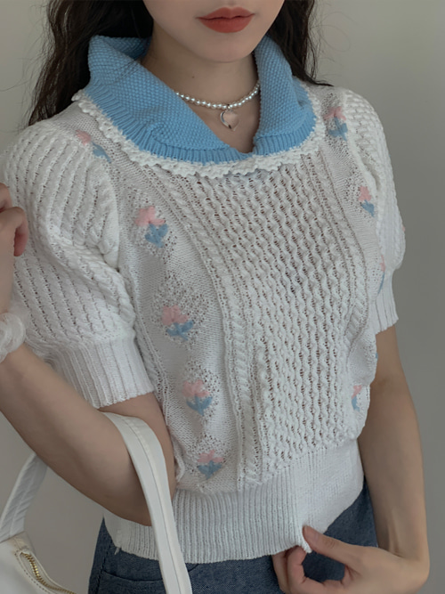 LACE COLLAR FLOWER PUFF KNIT(WHITE, SKYBLUE, BLACK 3COLORS!)