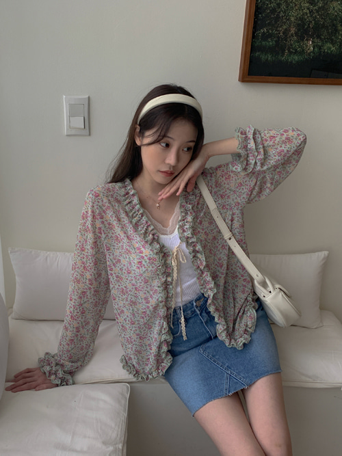 FLORAL FRILL BLOUSE CARDIGAN(SKYBLUE, BLACK 2COLORS!)