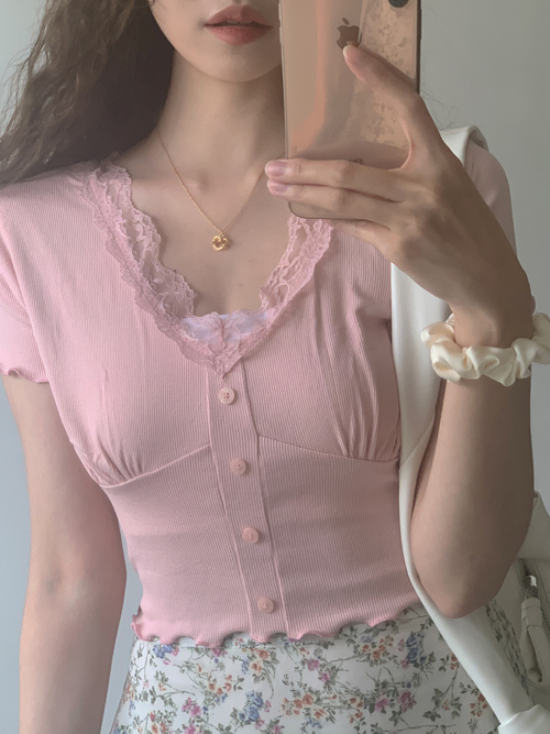 SUGAR LACE FRILL BUTTON TOP(WHITE, PINK, SKYBLUE, BLACK 4COLORS!)