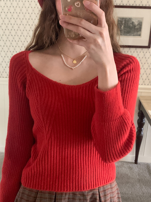 PUFF SQUARE NECK KNIT(WHITE, BEIGE, RED, MINT, BLACK 5COLORS!)