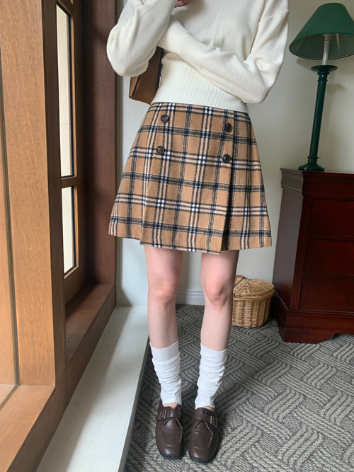 WARM CHECK FLARE BUTTON SKIRT(BEIGE, CAMEL, CHARCOAL 3COLORS!)