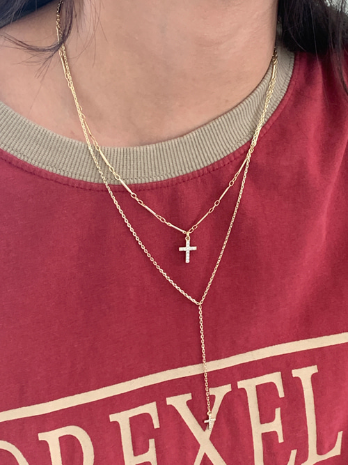 CROSS SET LAYERED NECKLACE(GOLD, SILVER 2COLORS!)