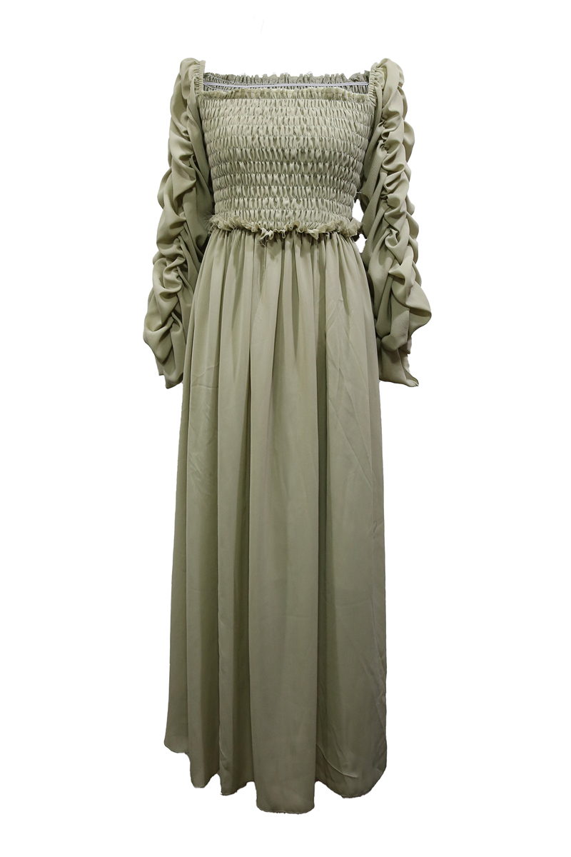 Shirring Off Shoulder Long Dress(Pastel Green)