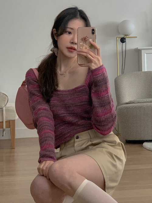 ROSY SQUARE NECK CROP KNIT(PINK)