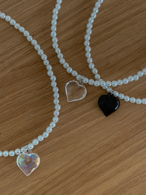 BOLD HEART PEARL NECKLACE(CLEAR, CRYSRAL, BLACK 3COLORS!)