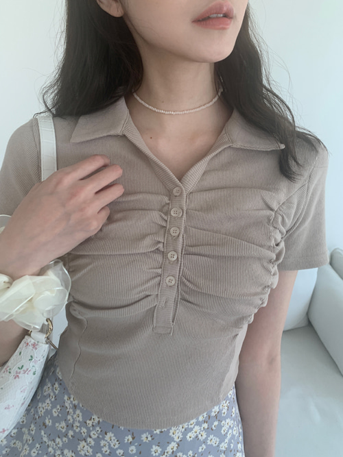 SHIRRING BUTTON COLLAR T(WHITE, BEIGE, PINK, SKYBLUE, BLACK 5COLORS!)