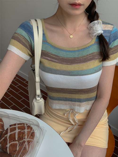 CANDY STRIPE SQUARE KNIT TOP(YELLOW, PINK, GREEN, BLUE 4COLORS!)