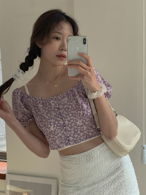 FLOWER PUFF SHIRRING BLOUSE(WHITE, VIOLET 2COLORS!)