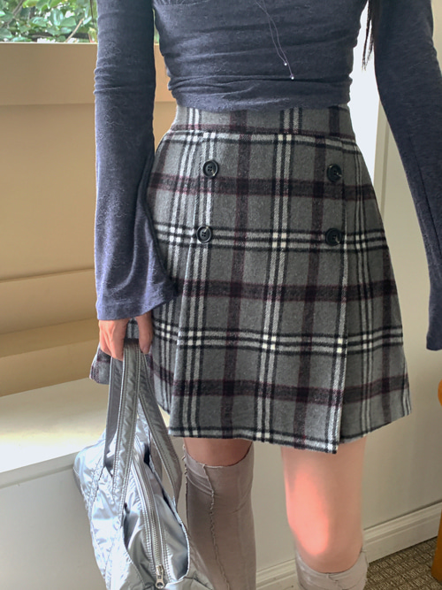 WARM CHECK FLARE BUTTON SKIRT(BEIGE, CAMEL, CHARCOAL 3COLORS!)