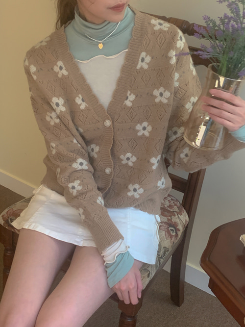 MERRY FLOWER PATTERN CARDIGAN(IVORY, CAMEL, NAVY 3COLORS!)