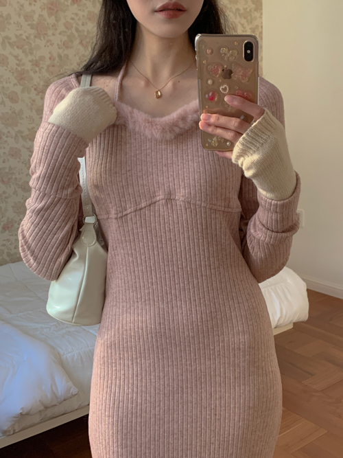 DEARY FUR HALTER KNIT DRESS(PINK, BROWN 2COLORS!)