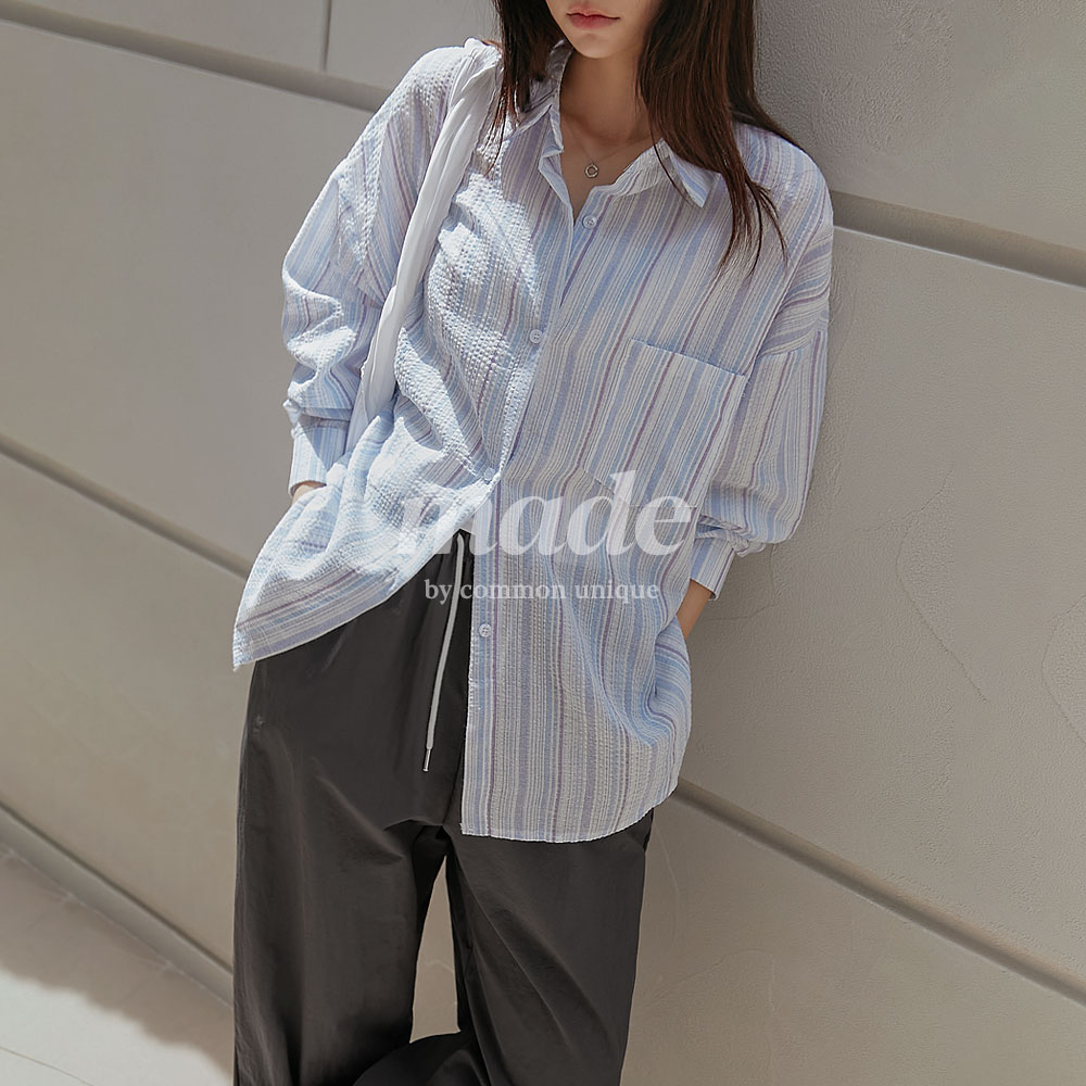 [MADE] 베리드 박시 믹스 스트라이프 셔츠 (여름/간절기/봄/남방/루즈핏/박시핏/살안타템/휴양지룩/여행룩/휴가룩/동남아/해외여행)