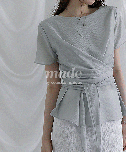[5천장돌파/MADE] 리에프 텐셀 링클 스트랩 1/2 블라우스 (여름/썸머/반팔/허리끈/랩/시스루/하객룩/출근룩/데이트룩/격식룩)