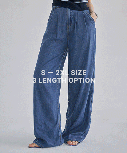 [S-2XL/숏,기본,롱 기장옵션] 샌디스 쿨 텐셀 핀턱 와이드 밴딩 데님 팬츠 (여름/쿨링/청바지/투핀턱/롱/맥시/중청/흑청/그레이진)