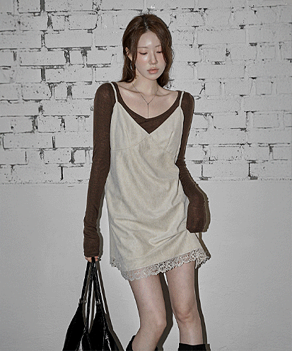 [얼리어텀] 무킨 스웨이드 레이스 슬리브리스 원피스 (가을/간절기/데일리룩/일상룩/레이어드/페미닌룩/데이트룩)