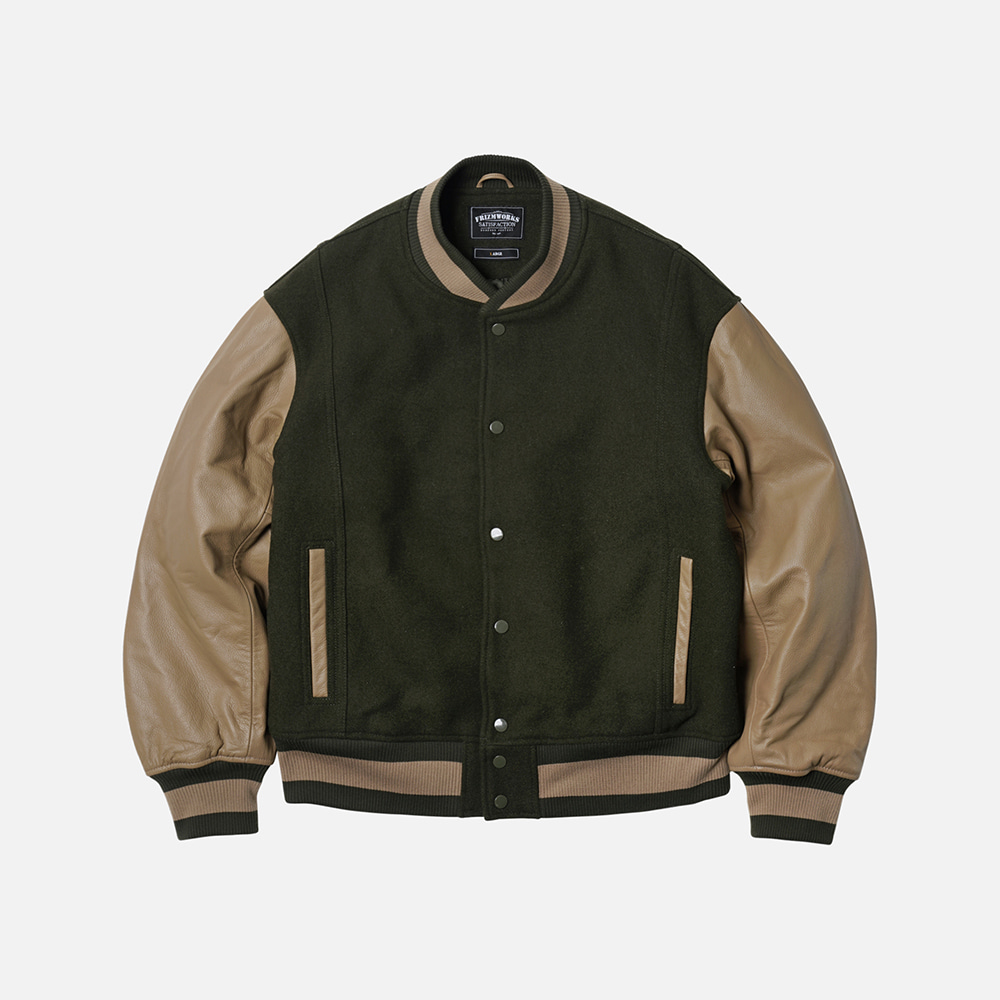 Cowhide leather varsity jacket _ olive