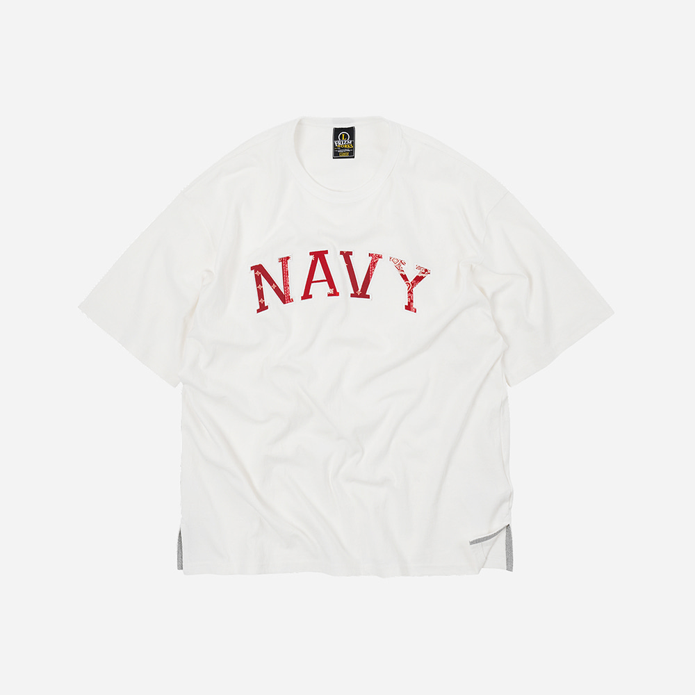 Navy patchwork tee _ white / red