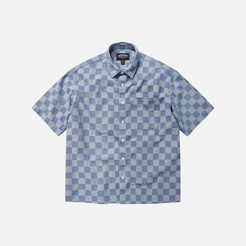 Checkerboard denim half shirt _ light blue
